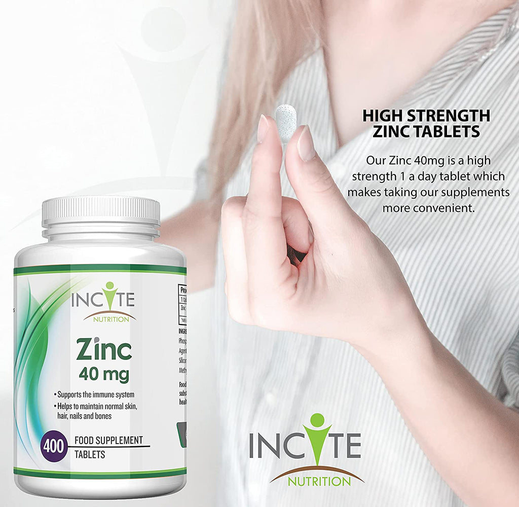 Zinc 40mg | 400 Premium Zinc Tablets Over 12 Monthâ€™s Supply | Maximum Strength Quality Pure Zinc Tablet | Suitable for Vegetarian & Vegans | Made in The UK by Incite NutritionÂ®