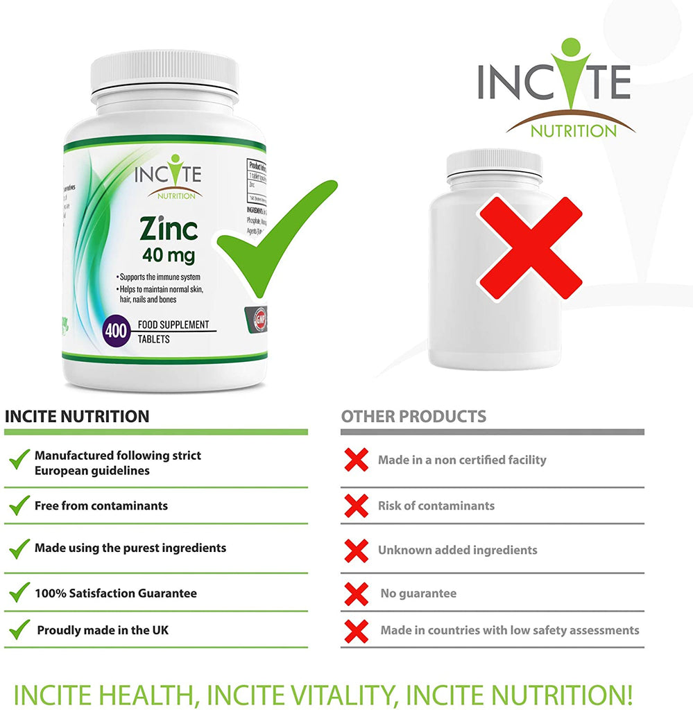 Zinc 40mg | 400 Premium Zinc Tablets Over 12 Monthâ€™s Supply | Maximum Strength Quality Pure Zinc Tablet | Suitable for Vegetarian & Vegans | Made in The UK by Incite NutritionÂ®