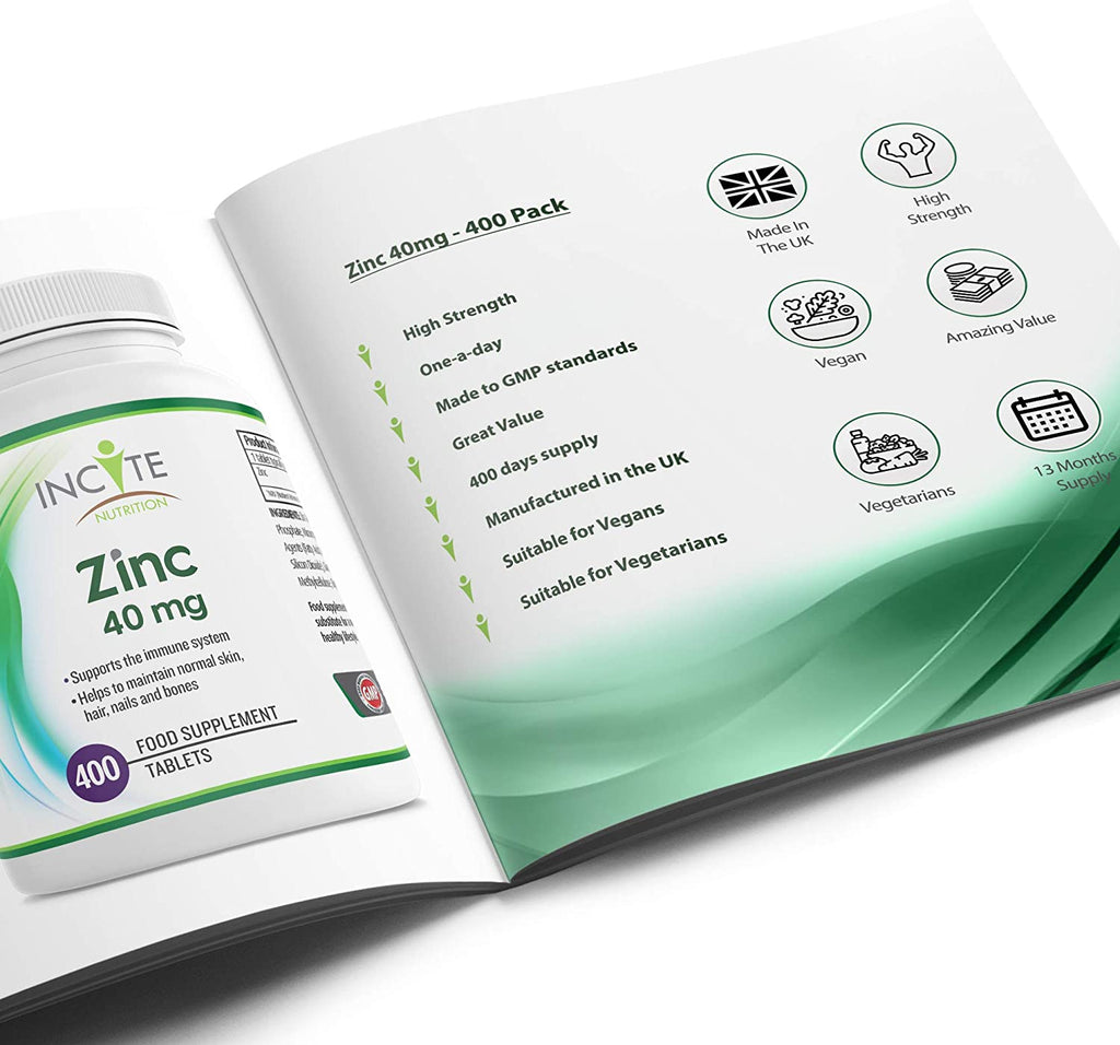 Zinc 40mg | 400 Premium Zinc Tablets Over 12 Months Supply | Maximum Strength Quality Pure Zinc Tablet | Suitable for Vegetarian & Vegans | Made in The UK by Incite Nutrition