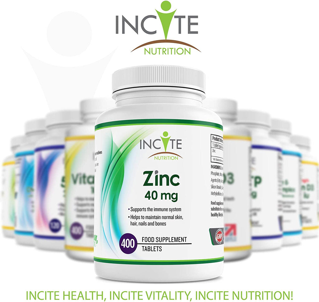 Zinc 40mg | 400 Premium Zinc Tablets Over 12 Months Supply | Maximum Strength Quality Pure Zinc Tablet | Suitable for Vegetarian & Vegans | Made in The UK by Incite Nutrition