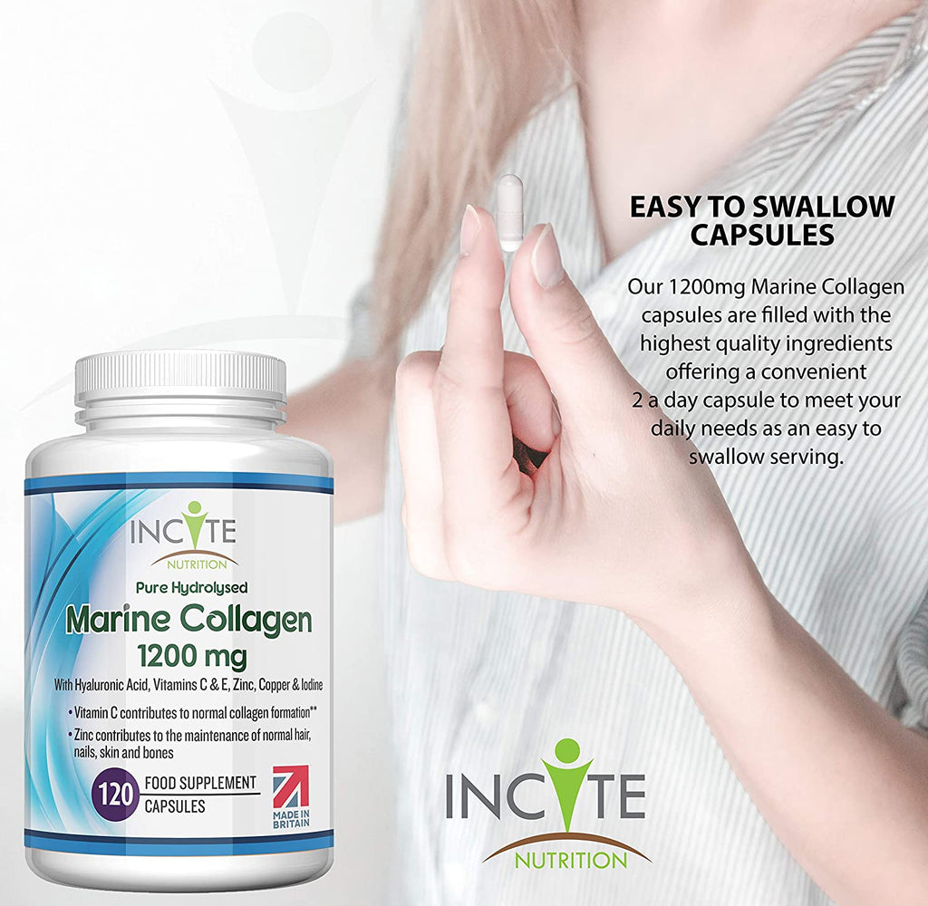 Marine Collagen 1200mg | 120 High Strength Capsules Pure Superior Type 1 Hydrolysed Marine Collagen Supplement