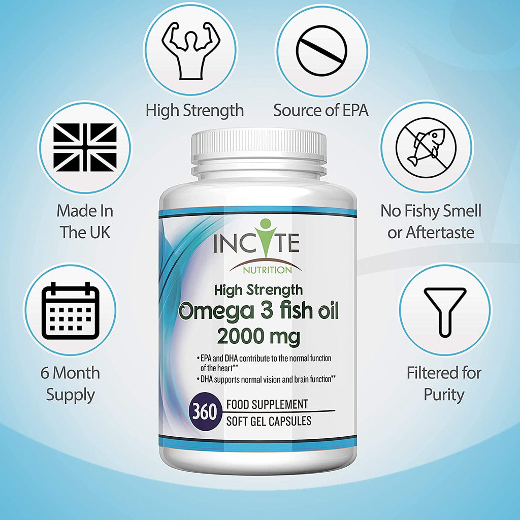 Omega 3 Fish Oil - 360 Soft Gels (4 Months Supply) - 2000mg | High Levels of EPA & DHA | Premium Easy Swallow Omega3 Fish Oils Gel Capsules Made in Britain by Incite Nutrition
