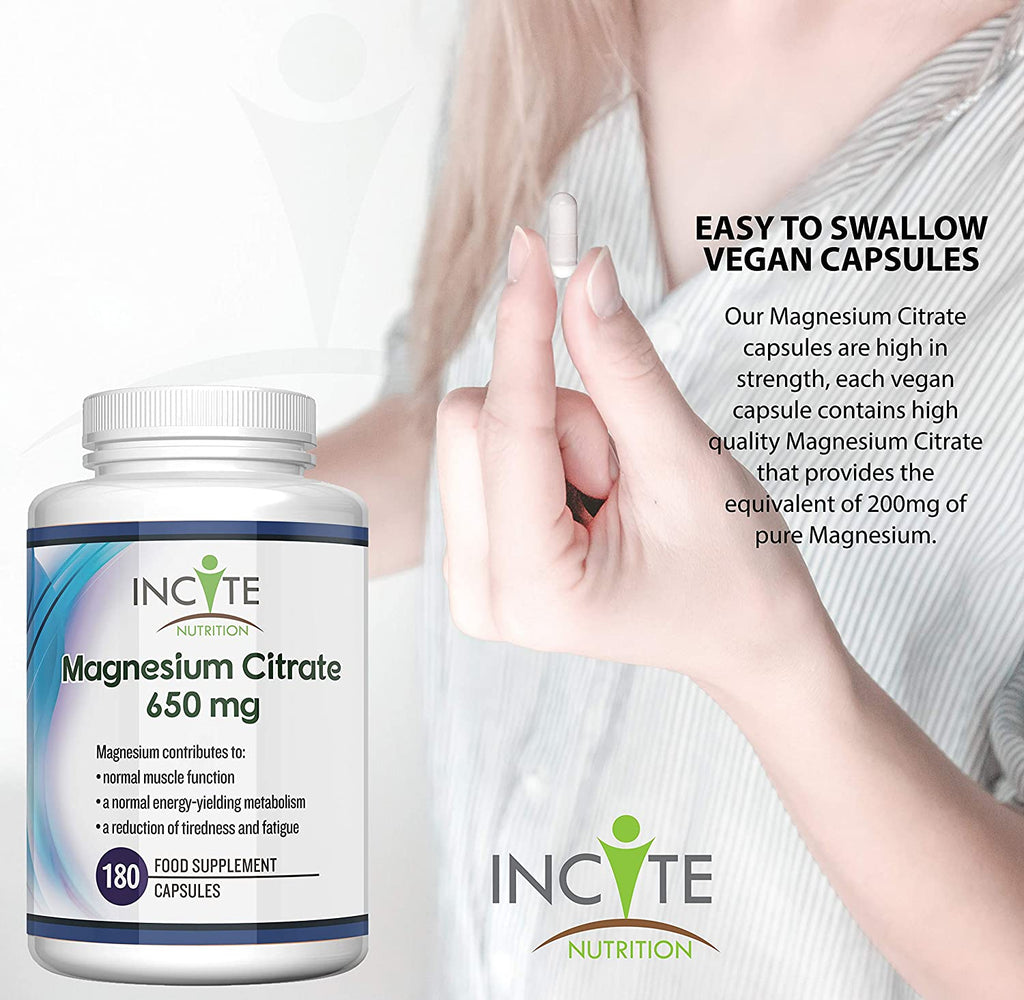 Magnesium Citrate Supplement 650mg | 180 Premium Vegan Capsules not Tablets (6 Month’s Supply