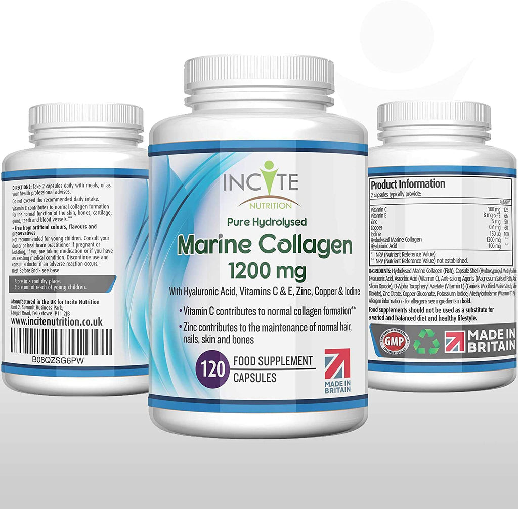 Marine Collagen 1200mg | 120 High Strength Capsules Pure Superior Type 1 Hydrolysed Marine Collagen Supplement