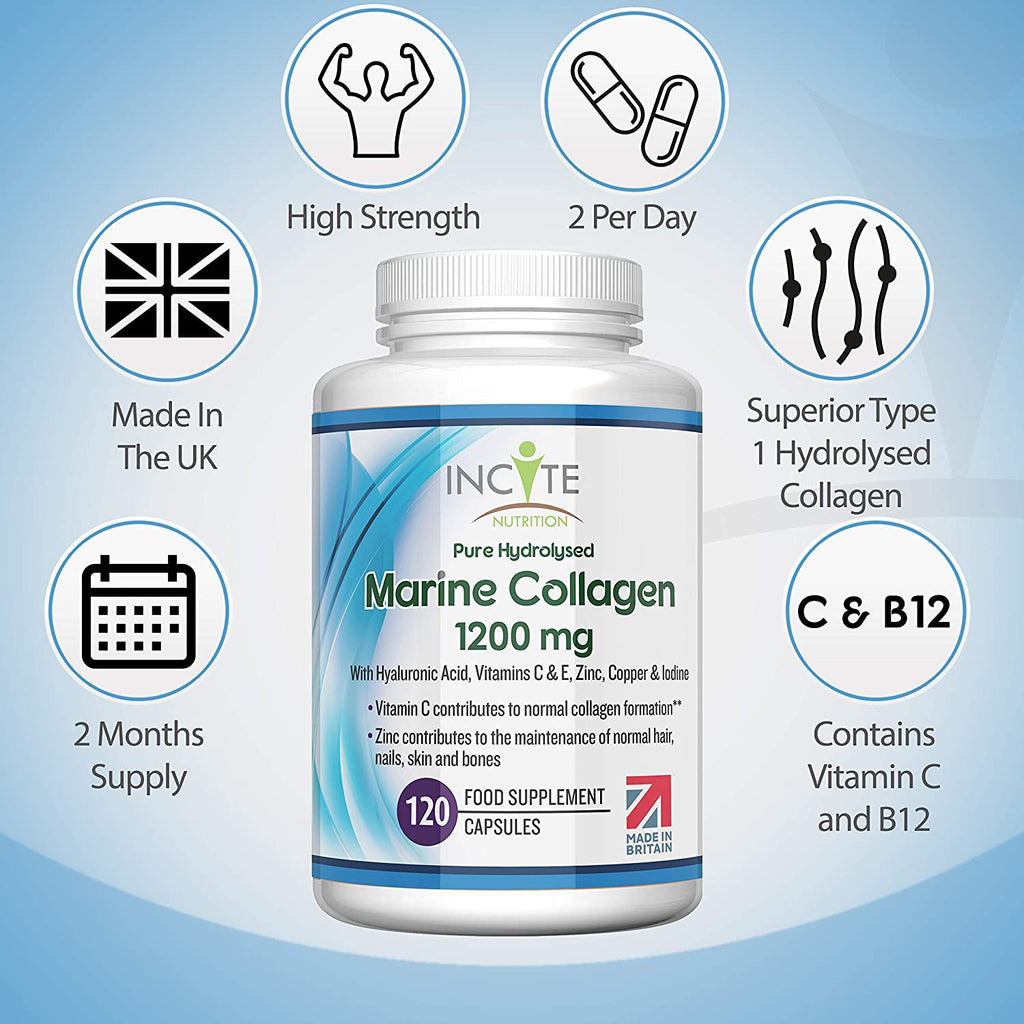 Marine Collagen 1200mg | 120 High Strength Capsules Pure Superior Type 1 Hydrolysed Marine Collagen Supplement