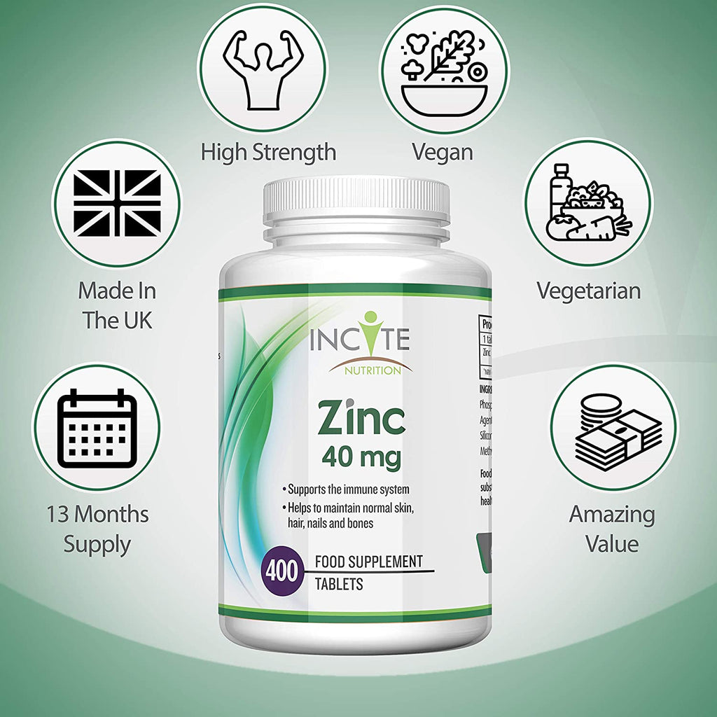 Zinc 40mg | 400 Premium Zinc Tablets Over 12 Months Supply | Maximum Strength Quality Pure Zinc Tablet | Suitable for Vegetarian & Vegans | Made in The UK by Incite Nutrition